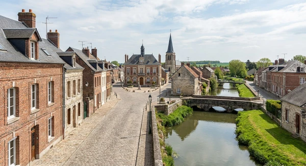 Photographie réaliste de la ville de Chauny en Aisne montrant une perspective urbaine ou architecturale caractéristique : façades de bâtiments historiques ou contemporains, rue pavée ou artériale, point de repère urbain, ou paysage urbain typique de cette commune picardie. L'image doit être une photographie authentique sans personnes au premier plan, prise de jour en conditions naturelles, représentant clairement l'identité visuelle de Chauny.